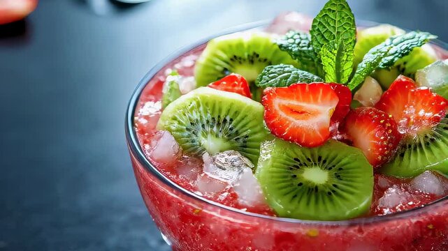 Vibrant Kiwi and Strawberry Fruit Salad with Refreshing Mint and Ice in a Glass Bowl