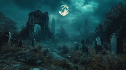 Graveyard in the night. With tombstones covered in moss, a full moon overhead, and a ghostly figure wandering among the graves