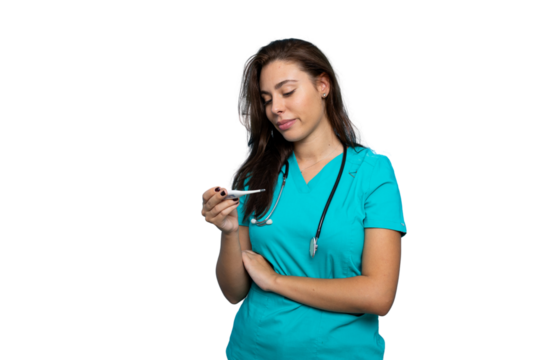 Portrait of a young nurse in scrubs holding a thermometer
