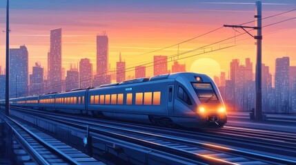 Naklejka premium High-Speed Train Gliding Through Urban Landscape at Sunset with Illuminated Windows