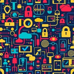 Vibrant abstract pattern featuring technology icons such as security locks, cloud computing, and digital devices on a dark background.