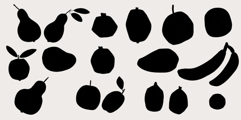 Fototapeta premium Set of black silouette of different fruits banana, plum, apple, pear, avocado, pomegranade, fig