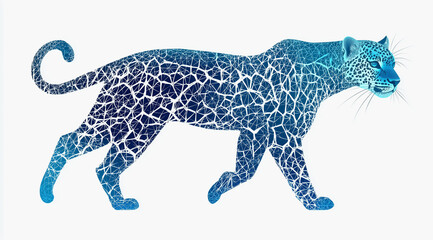 Fototapeta premium Blue mosaic panther walking elegantly in a sleek abstract artistic style. 