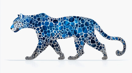 Blue mosaic panther walking elegantly in a sleek abstract artistic style.
