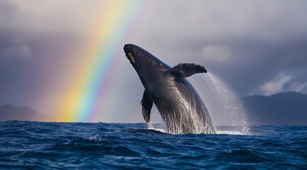 Humpback whale breaching with a vivid rainbow in the background at sunset.
