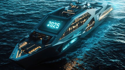 Futuristic Yacht with 2025 Display Sails on the Ocean