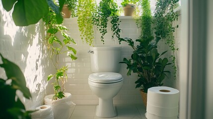 A gleaming white toilet bowl stands proudly in the corner of a bathroom, flanked by neatly stacked rolls of toilet paper. Overhead, lush houseplants cascade from their perches