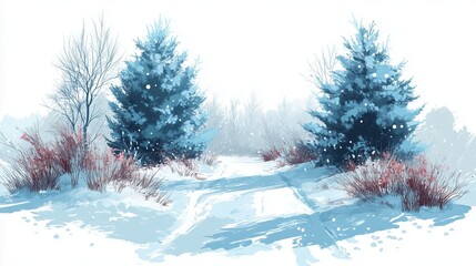 Fototapeta premium Snowy Winter Landscape with Evergreen Trees and Red Bushes – Serene Seasonal Illustration