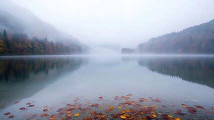 Lake on a misty November morning, the water still and reflective, surrounded by fog-covered hills 