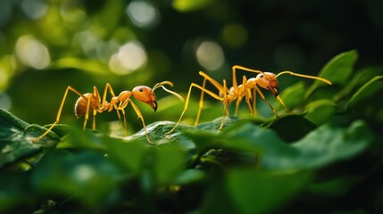 Two red ants on a green leaf, close up, macro photography.