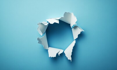 A blue wall with a white paper hole in it