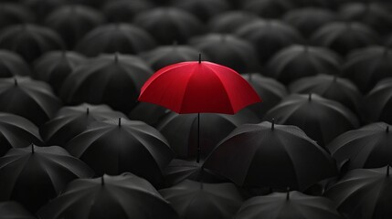 A lone red umbrella stands tall, providing shelter against a sea of dark umbrellas below. This striking visual represents the concept of leadership, where one individual stands out