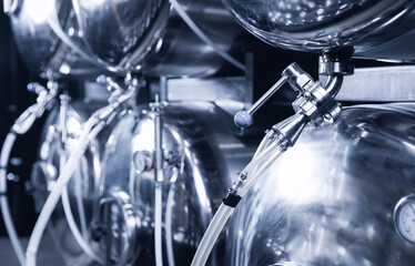 Banner Industrial automation beer factory with tanks. Commercial plumb pipe stainless tubes for...