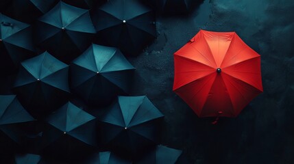 A lone red umbrella stands tall, providing shelter against a sea of dark umbrellas below. This striking visual represents the concept of leadership, where one individual stands out