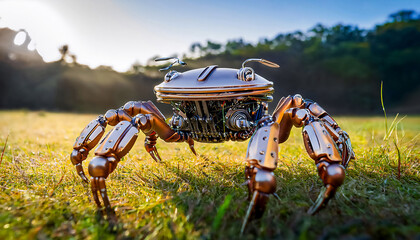 Fototapeta premium Robotic crab, microprocessor with crab legs, made of metal and microprocessor, scuttles across a grassy field, its mechanical legs clanking against the ground