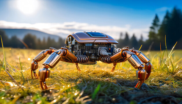 Robotic crab, microprocessor with crab legs, made of metal and microprocessor, scuttles across a grassy field, its mechanical legs clanking against the ground