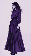Fashion illustration of a full-length model wearing a long, flowing lilac purple tulle skirt with a shirt and black shoes