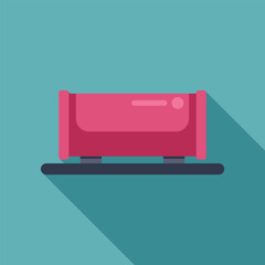 Pink tanker container for liquids is being transported on a freight platform, side view with long shadow