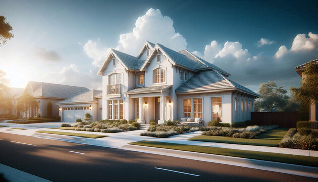 Single story single family upscale white homes clean neighborhood mostly clear blue sky