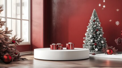 Christmas product display with decorations and mockup podium. AI generated image