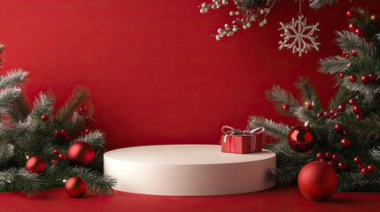 Elegant Christmas product display with ornaments and product podium. AI generated image