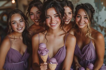 Obraz premium A joyful gathering of women in purple dresses enjoying ice cream together in a lighthearted scene