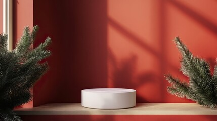 Elegant Christmas product display with ornaments and product podium. AI generated image