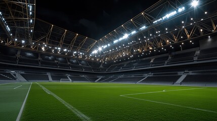The expansive soccer stadium features a beautifully lit green field, highlighting meticulous details in the stands, evoking excitement for upcoming matches