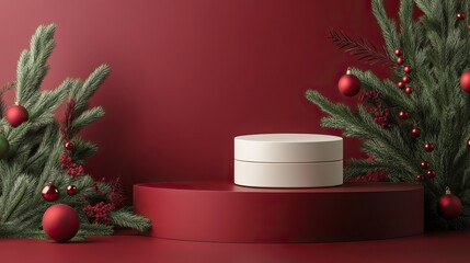Festive Christmas product mockup display podium with gifts and decorations. AI generated image