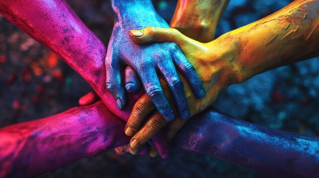An artistic representation of unity symbols like clasped hands, adorned with vibrant colors for Juneteenth