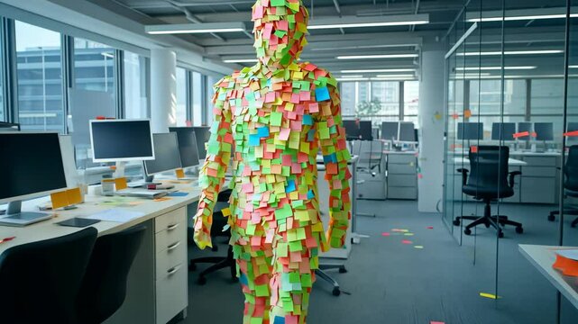 Busy Office Worker Covered in Sticky Notes Represents Overwhelm and Workload