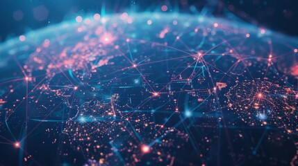 Obraz premium A vibrant digital representation of global network connections with glowing data points and futuristic technology elements.