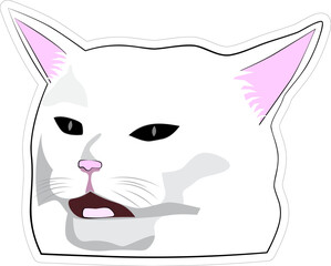 Sticker with a cat. Vector. Meme woman yelling at cat. Minimalist style, comic, cartoon.