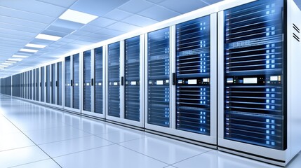 Obraz premium Rows of advanced server cabinets with glowing blue lights fill the data center, illuminated by overhead lighting casting soft shadows, showcasing technological precision