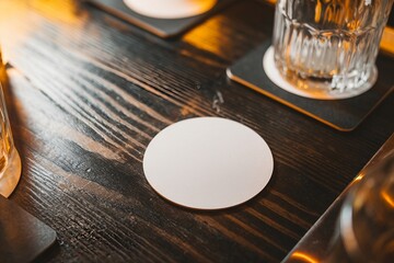 White coaster in a restaurant: Clean and blank, perfect for showcasing a beverage or brand. Ideal for use in pubs, bars, or cafes to enhance dining and drinking experience.