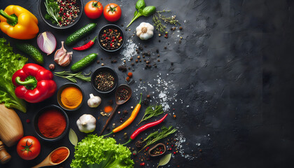 Fototapeta premium Black stone cooking background. Spices and vegetables. Top view