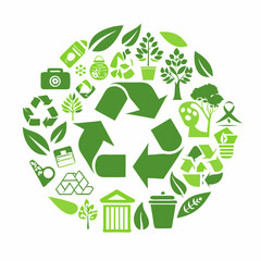 Green recycling symbols and eco-friendly icons in a circular design representing sustainability