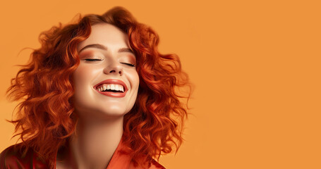 Fototapeta premium Beautiful woman with red wavy hair and make-up, cosmetics advertisement, close-up,orange background