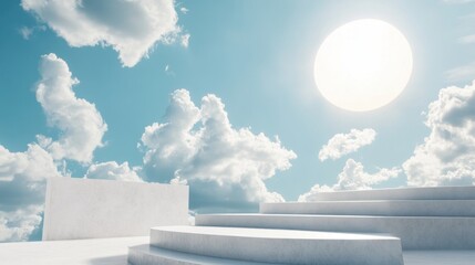 White platform with steps against a blue sky with clouds and sun.