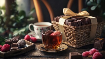 Thoughtfully arranged gift basket with gourmet chocolates and fine tea
