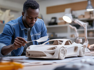 A skilled artist crafts a detailed clay model of a modern car in a bright workshop setting