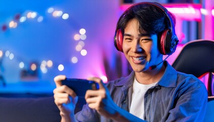 A young gamer wearing headphones while gaming on the smartphone in the living room with neon ambience lighting; a happy and excited young man playing games on his phone with headphones; video games