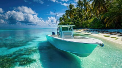 Fototapeta premium Boat Anchored in a Tropical Lagoon with Clear Turquoise Water