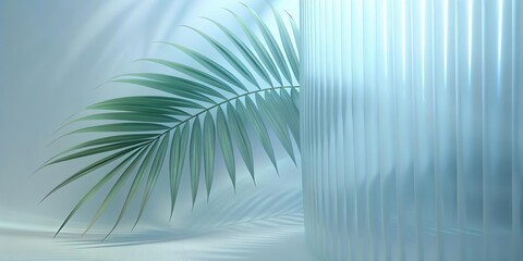 Fototapeta premium Green palm with reeded glass. Luxury cosmetic wall with summer decoration. Abstract background with refreshing gradient for spa style design. Plant leaves. White Reeded Glass. Ribbed Background.