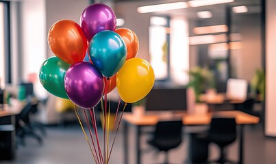 A cluster of colorful balloons float in an office setting, signifying a celebration of Employee Appreciation Day
