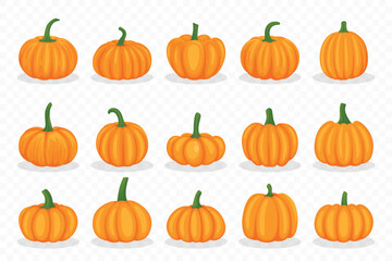 Vector Cartoon Pumpkins Collection. Flat Colorful Pumpkins Icon Set. Design Templates for Halloween, Fall, Harvest. Cute and Fun Simple Pumpkin Illustrations
