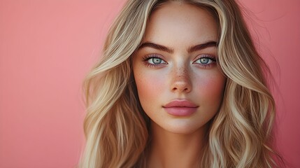 Fototapeta premium kobieta, blondynka, pastelowe tło, różowy, modelka, stock photo, Canon EOS R5, przysłona f/1.8, minimalizm, piękno, portret, gładka skóra, delikatny makijaż, kobieta z długimi włosami, moda, styl, pro