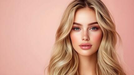 Fototapeta premium kobieta, blondynka, pastelowe tło, różowy, modelka, stock photo, Canon EOS R5, przysłona f/1.8, minimalizm, piękno, portret, gładka skóra, delikatny makijaż, kobieta z długimi włosami, moda, styl, pro