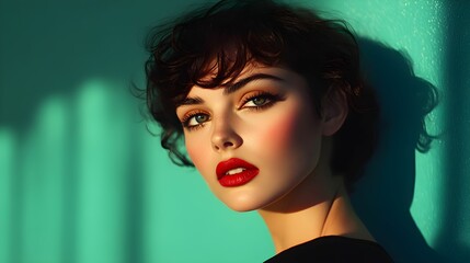 kobieta, brunetka, krótkie włosy, zielone tło, emeraldowy, modelka, stock photo, Canon EOS R6, przysłona f/2.0, odważny makijaż, elegancja, intensywny wyraz, głęboka czerwień, portret, ciemne włosy, p