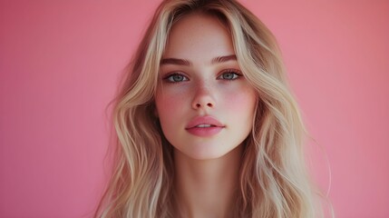 kobieta, blondynka, pastelowe tło, różowy, modelka, stock photo, Canon EOS R5, przysłona f/1.8, minimalizm, piękno, portret, gładka skóra, delikatny makijaż, kobieta z długimi włosami, moda, styl, pro